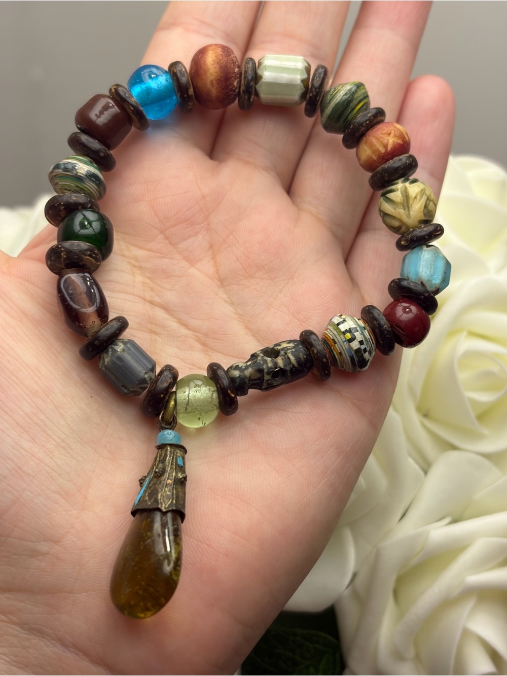 Multicolor Bead Stretch Bracelet with Amber Drop Pendant